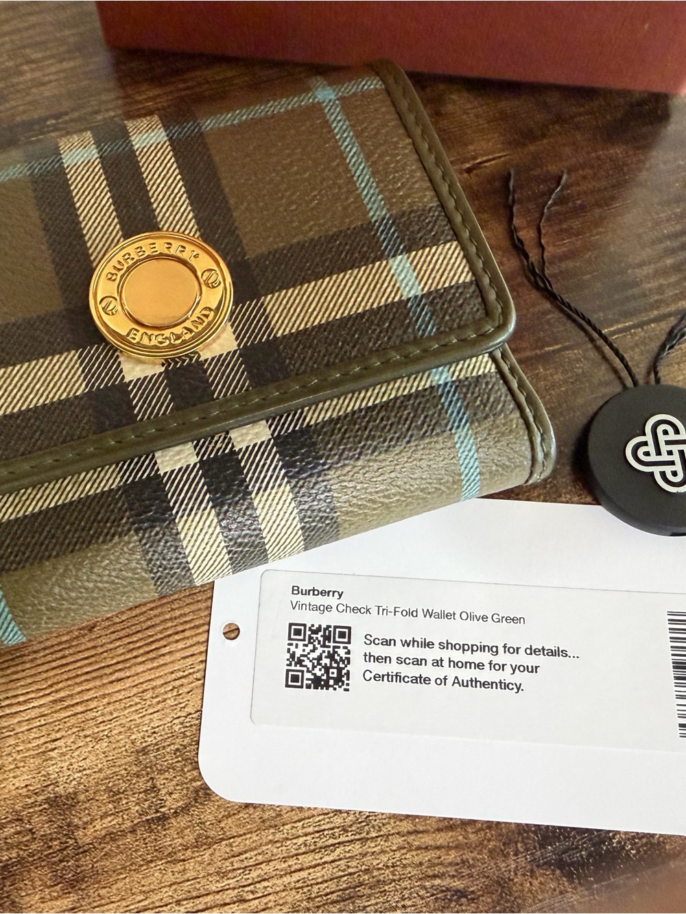 Burberry Olive Plaid Trifold Wallet with Light Blue Accents - Picture 2 of 8